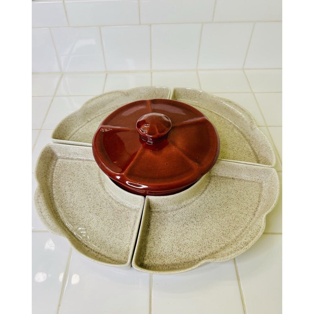 Vintage Red & Beige 6-Piece Lazy Susan Chip & Dip/ Crudité/Dim Sum Set Whittferd